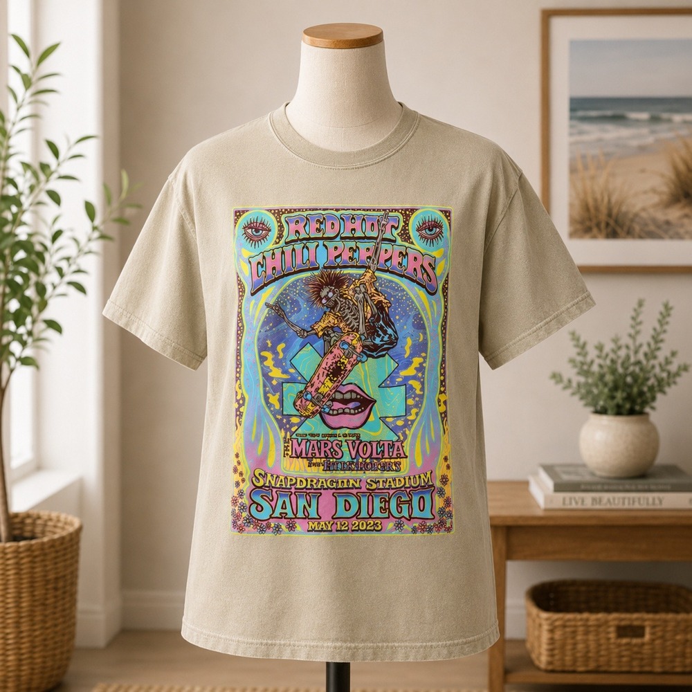 Red Hot Chili Peppers San Diego 2023 Tour Shirt Mars Volta Thundercat Tan Med